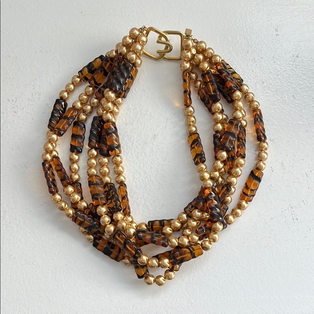 Vintage Signed Kenneth Jay Lane Czech Glass Bead 6-strand Layered Necklace Gold